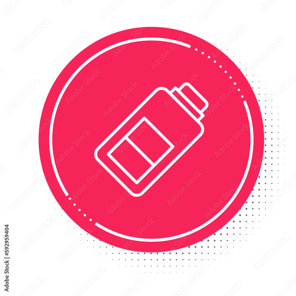 Poster white line battery charge level indicator icon isolated on white background. red circle button. vect