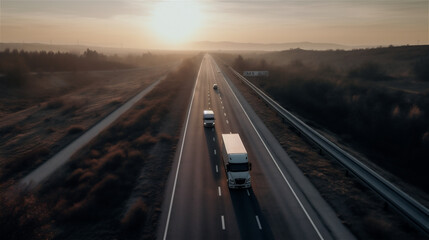 Fototapeta na wymiar Truck on road in sunlight, arial picture, generative AI