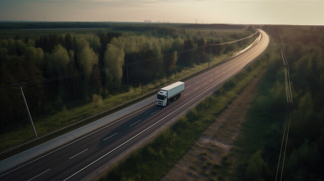 Truck on road in sunlight, arial picture, generative AI