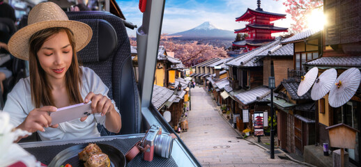 Asian traveller woman on a train with Japan travel location view - 592960478