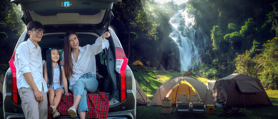 Asian traveller family go to camping by SUV car for sleep by tent - 592960497