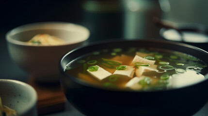 Miso Soup Dashi, soup stock made from simmering kombu seaweed and bonito flakes. - obrazy, fototapety, plakaty
