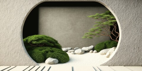 Zen Garden Realm in a Ecological Style Background - Beautiful Green Eco Garden Backdrop - Zen Garden Realm Wallpaper - Created with Generative AI technology