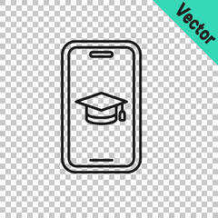 Black line Graduation cap on screen smartphone icon isolated on transparent background. Online learning or e-learning concept. Vector