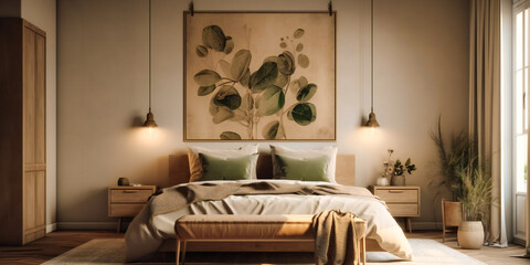 a brown bed in a bedroom with a green flower,