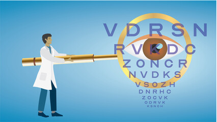 Man, optometrist, optician, with big golden magnifying glass examine the eye sight. Dimension 16:9. Vector illustration.