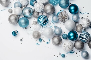 Top view photo of blue white and silver baubles disco balls big present boxes with ribbon bows and confetti. AI generative