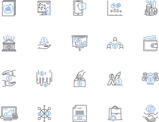 Finance outline icons collection. Money, Financing, Investment, Banking, Accounts, Credit, Budgeting vector and illustration concept set. Wealth, Capital, Stocks linear signs