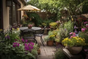 Obraz na płótnie Canvas cozy outdoor patio surrounded by blooming flowers and plants, with hummingbird feeder visible in the garden, created with generative ai