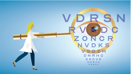 Woman, optometrist, optician, with big golden magnifying glass examine the eye sight. Dimension 16:9. Vector illustration.