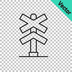 Black line Railroad crossing icon isolated on transparent background. Railway sign. Vector