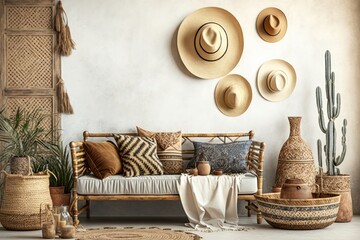 Fototapeta na wymiar Modern living room interior with a sofa, pillows, cacti, rattan baskets and a hat