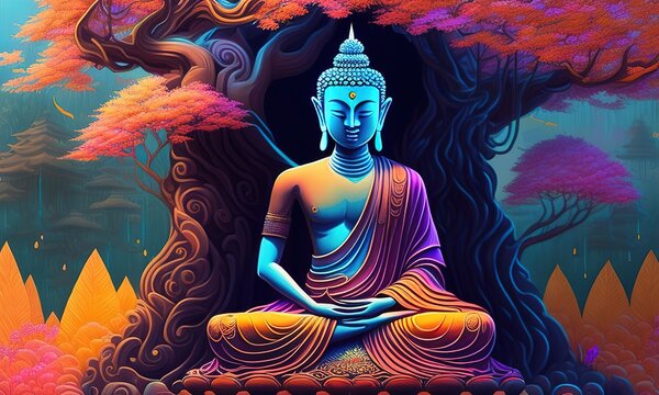 buddha statue in the temple color illustration
