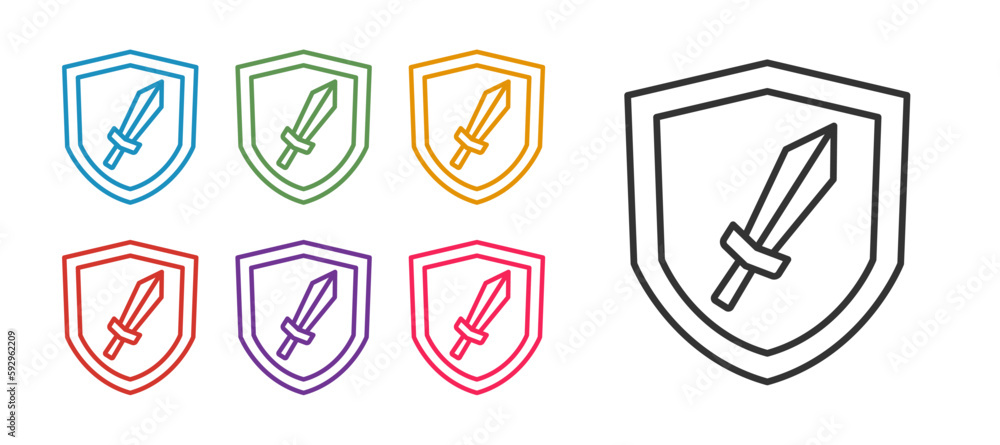 Poster Set line Sword for game icon isolated on white background. Set icons colorful. Vector