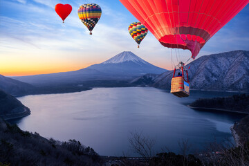 Hot air balloon fly over fufi mountain sky with morning sunrise time