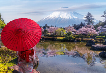 Reflection of Fuji yama volcana mountain in old japanese village