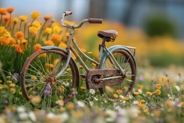 Fototapeta na wymiar old model bicycle park in flower garden to encourage people going for exercise , Bicycle's day, Generative AI