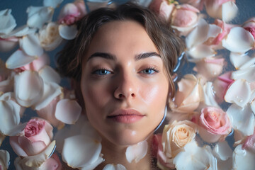 Beautiful woman in milk bath tub with rose petal for spa and treatment , cream and beauty concept ,Generative AI