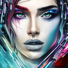 Portrait of a woman, cyberpunk illustration. Generative AI