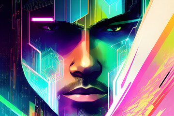 Portrait of a man, abstract colorful cyberpunk background. Generative AI