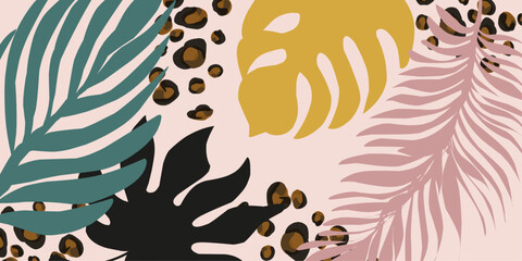 Trendy colored background, tropical leaves and leopard spots. Vector design. exotic tropics. Summer  © Naya Chu