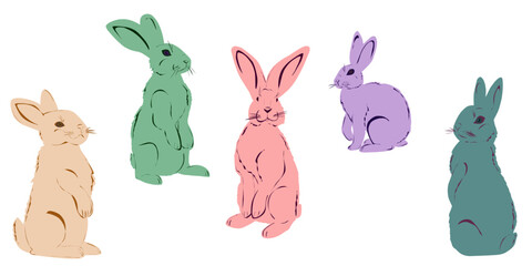 set of colorful cute Easter bunnies, flat illustration, vector clipart	
