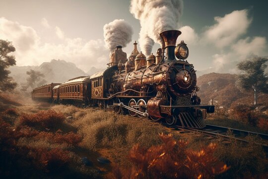 steampunk train in a fantasy landscape, Generative AI
