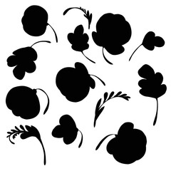 black flowers, clipart Ukrainian folk painting, flat, silhouettes of plants
