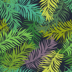 Naklejka na ściany i meble Trendy seamless pattern, tropical palm leaves. Vector design. Seal, jungle. Printing and textiles. exotic tropics. Summer