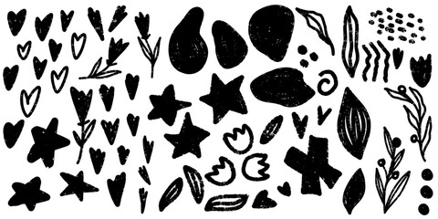 Vector grainy set of textural black elements for design, grunge chipped jagged graphic patterns