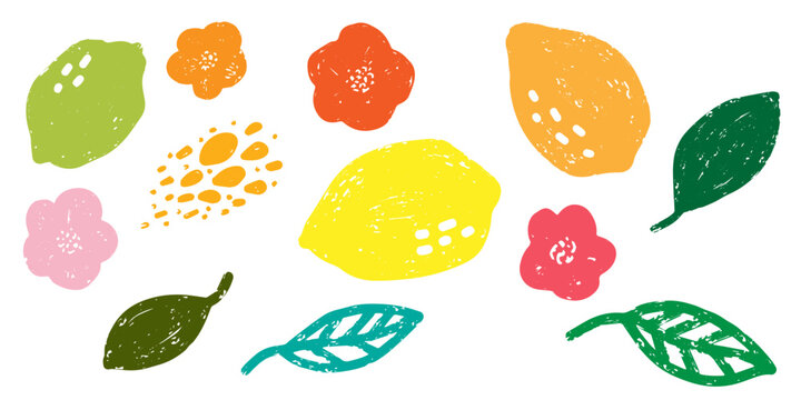 Vector grainy set of texture lemons and flowers, elements for design, grunge chipped pixelated graphic patterns