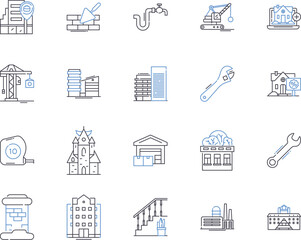 Construction tools outline icons collection. Shovel, Hammer, Drill, Saw, Wood, Wrench, Pliers vector and illustration concept set. Screwdriver, Nail, Axe linear signs