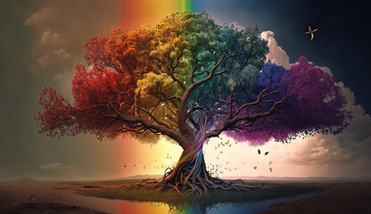 beautiful magic rainbow tree, the beginnings of life, a family tree, tree of life, generative ai