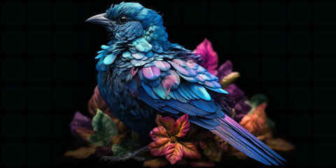 a colorful bird is sitting on a black background