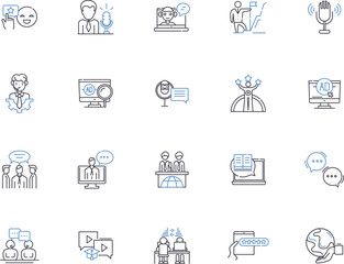 News outline icons collection. News, Media, Headlines, Journalism, Broadcast, Reporter, Breaking vector and illustration concept set. Report, Story, Update linear signs
