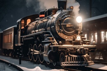 Fototapeta na wymiar steam locomotive with polar express train lit lantern and rides on winter rails. Generative AI
