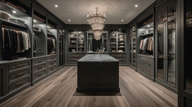 Luxury Living At Its Finest: Skillfully Captured Image Of Lavish Walk-In Closet With Custom Cabinetry And Illuminated Displays In Contemporary Home, Generative AI