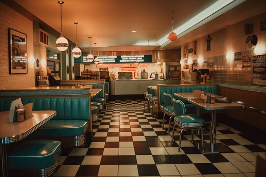 fast food restaurant with retro interior, featuring vintage items and nostalgic decor, created with generative ai