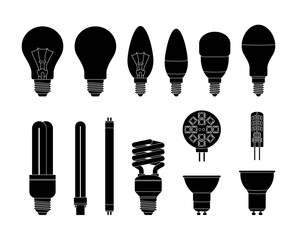 Light bulb in vector isolated on white background. Set of light bulbs icons. Light in the interior. Light bulb idea. Black and white lamps silhouettes. LEDs, energy saving and incandescent lamp bulbs