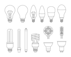 Light bulb in vector isolated on white background. Set of light bulbs icons. Light in the interior. Light bulb idea. Black and white lamps silhouettes. LEDs, energy saving and incandescent lamp bulbs