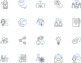 AI assistance outline icons collection. Artificial, Intelligence, Assistance, Chatbot, Automation, Algorithm, Machine vector and illustration concept set. Learning, Knowledge, Prediction linear signs