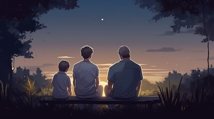 Father's Day illustration - Back view of father sitting with his children, Generative Ai