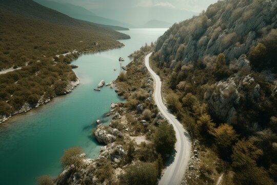 A picturesque road on a mountain near a body of water is seen from above during the day. Generative AI