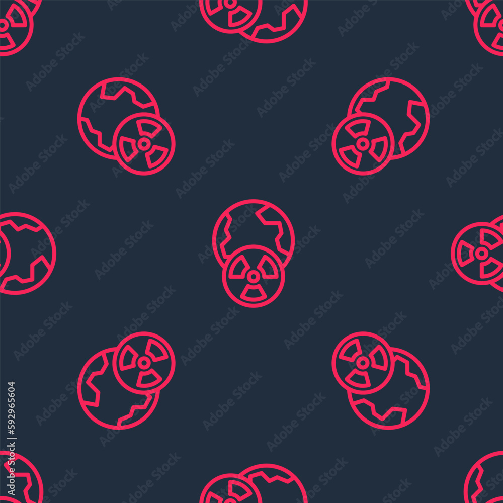 Poster red line planet earth and radiation symbol icon isolated seamless pattern on black background. envir