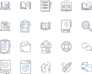 Educational tools outline icons collection. School, Teacher, Learning, Books, Classroom, pencils, iPads vector and illustration concept set. Computers, Chalkboard, Smartboard linear signs
