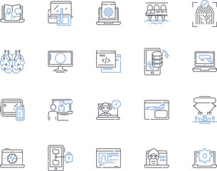 Internet and high tech outline icons collection. Internet, High-tech, Technology, Online, Network, IP, Wi-Fi vector and illustration concept set. Data, Computer, Connectivity linear signs - obrazy, fototapety, plakaty