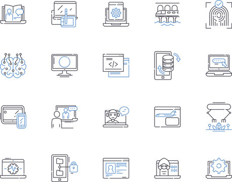 Internet and high tech outline icons collection. Internet, High-tech, Technology, Online, Network, IP, Wi-Fi vector and illustration concept set. Data, Computer, Connectivity linear signs