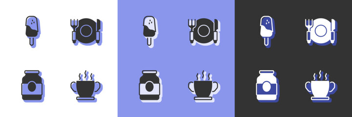 Set Bowl of hot soup, Ice cream, Jam jar and Plate, fork and knife icon. Vector