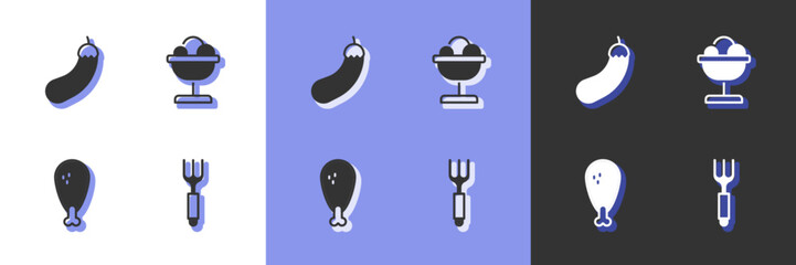 Set Fork, Eggplant, Chicken leg and Ice cream in the bowl icon. Vector