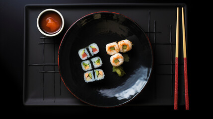 black plate with sushi and chopsticks. Generative Ai